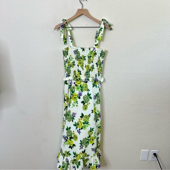 Amanda Uprichard x Revolve Green Floral Smocked Sleeveless Ruffle Midi Dress M - Picture 6 of 11